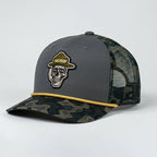 Gray and camouflage baseball cap with skull design and brand logo on a white background