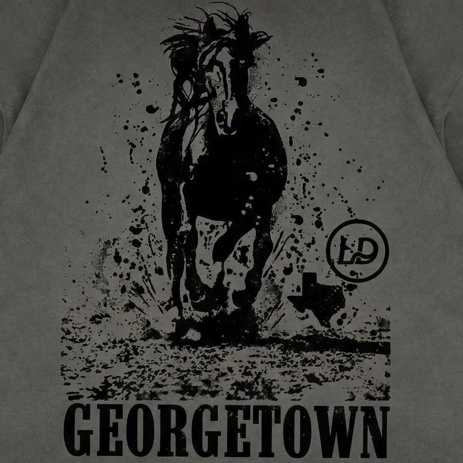 Close up back of Charcoal oversized t-shirt charging horse design Texas western graphic tee