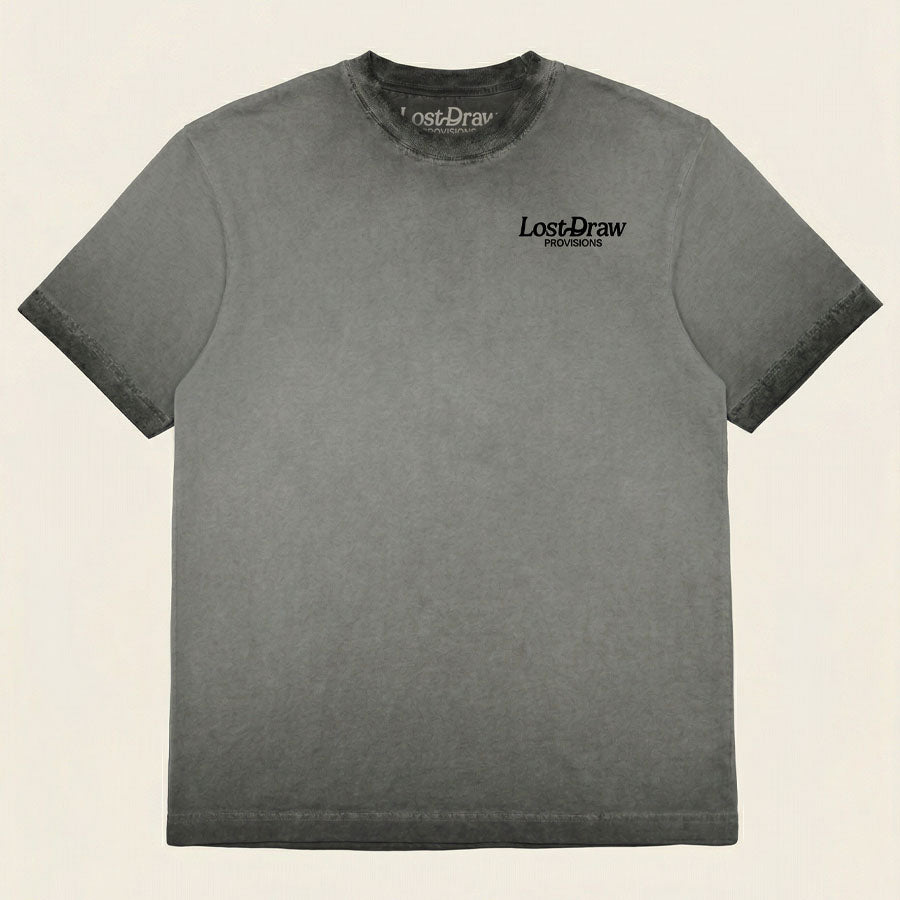 Flat lay front of GTX Stampede Georgetown Texas graphic tee oversized charcoal heavyweight t-shirt Lost Draw Provisions