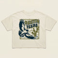 Front view of Hawk & Thorn women’s graphic t-shirt on vintage white tee