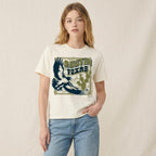 model wearing relaxed fit boxy tee with hawk design