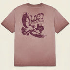 Mauve t-shirt with an eagle graphic and 'Lost Draw Provisions' text on a beige background