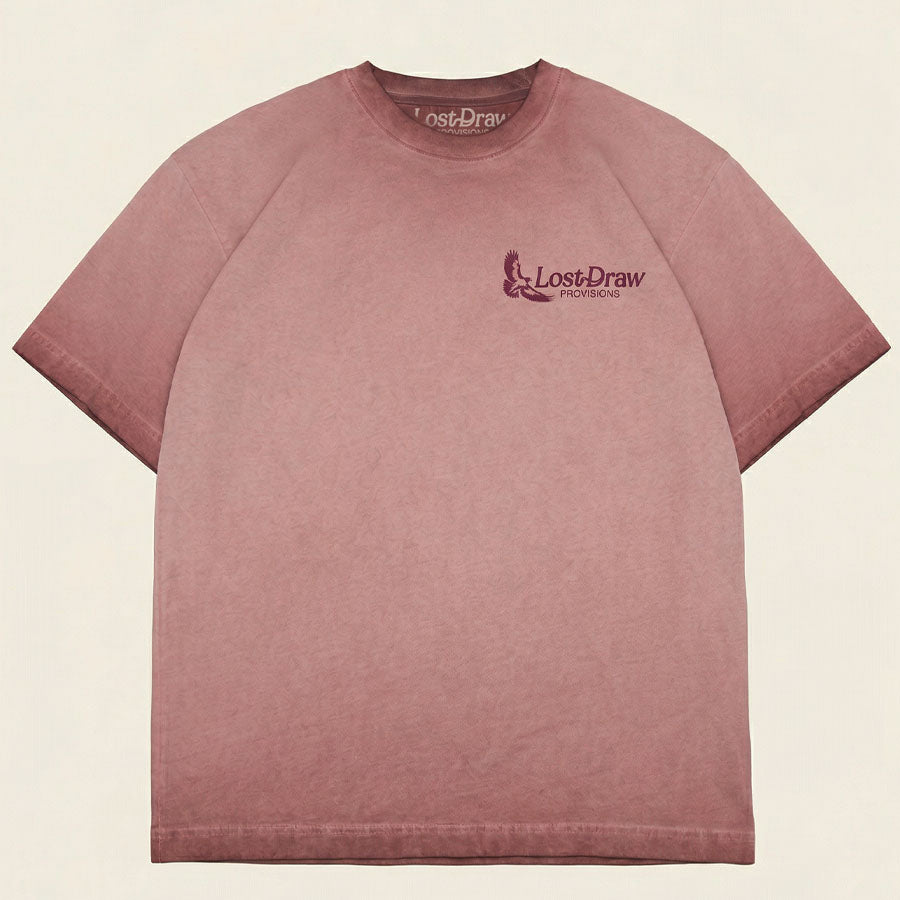 Mauve t-shirt with 'LostDraw' logo on a beige background