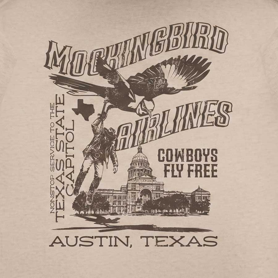 Close-up of Mockingbird Express Austin Texas back graphic featuring a mockingbird and the Texas Capitol