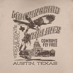 Close-up of Mockingbird Express Austin Texas back graphic featuring a mockingbird and the Texas Capitol