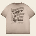 Back of Mockingbird Express Austin Texas oversized heavyweight T-shirt featuring vintage travel-inspired screen print