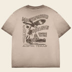 Back of Mockingbird Express Austin Texas oversized heavyweight T-shirt featuring vintage travel-inspired screen print
