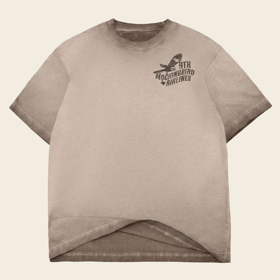 Mockingbird Express Austin Texas oversized heavyweight T-shirt in Chocolate Oil Wash with vintage front chest graphic