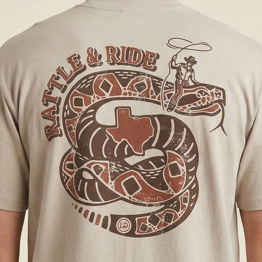 Rattle and Ride GTX Georgetown Texas graphic tee oversized tan heavyweight t-shirt Lost Draw Provisions close up back