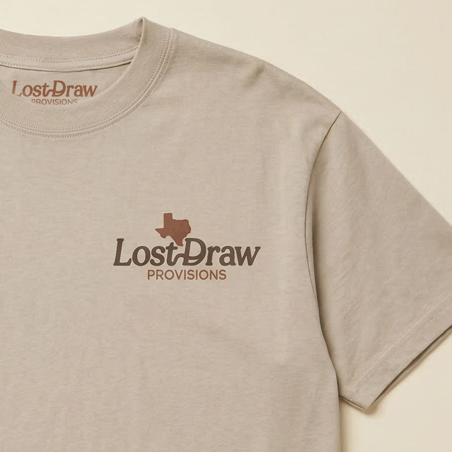Close up front of Georgetown Texas graphic tee oversized tan heavyweight t-shirt Lost Draw Provisions