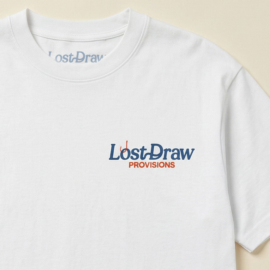 Lost Draw Provisions River Flag t-shirt fishing design flat lay front closeup