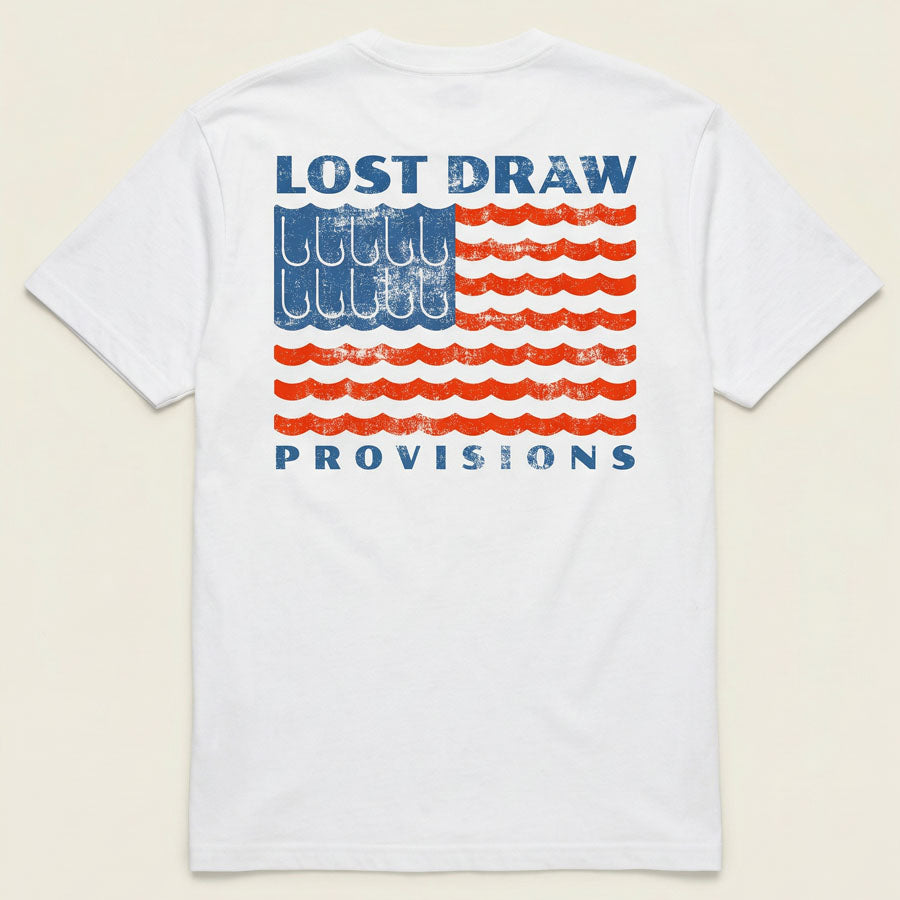 Lost Draw Provisions River Flag t-shirt fishing design flat lay back