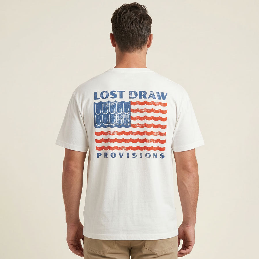 Back view of model wearing River Flag Texas fishing graphic tee oversized white heavyweight t-shirt Lost Draw Provisions
