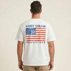 Back view of model wearing River Flag Texas fishing graphic tee oversized white heavyweight t-shirt Lost Draw Provisions