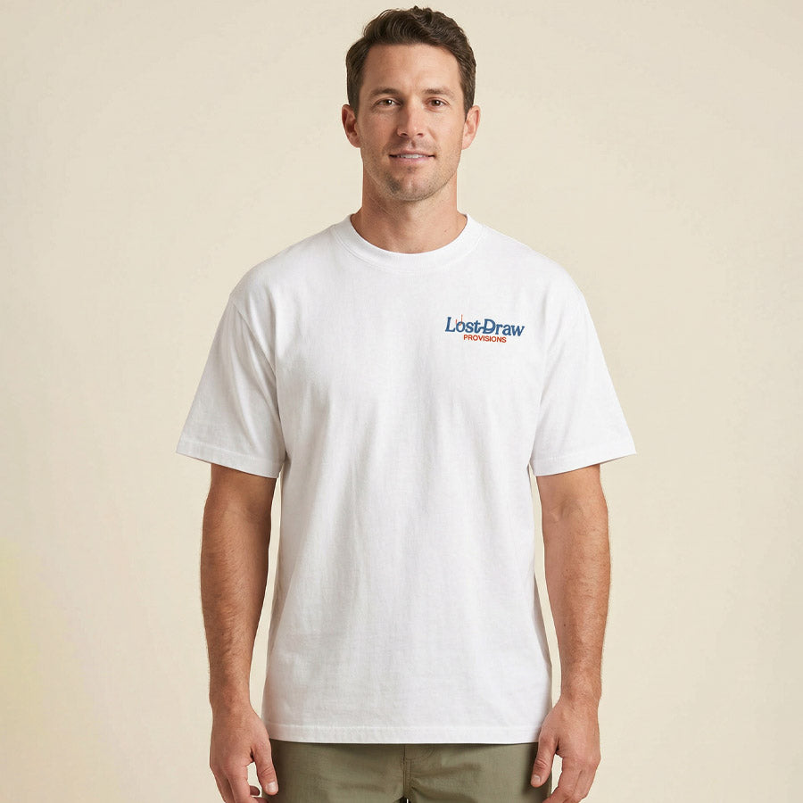 front view of model wearing River Flag Texas fishing graphic tee oversized white heavyweight t-shirt Lost Draw Provisions
