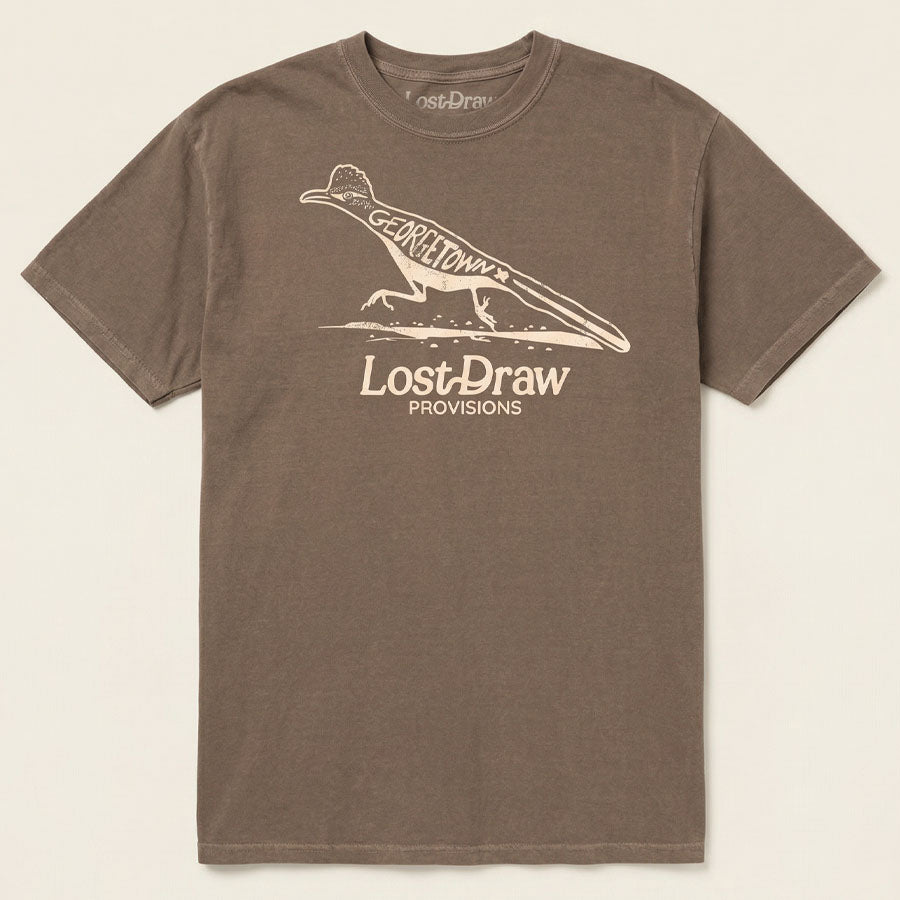 Flatlay of roadrunner graphic on Georgetown Texas t-shirt by Lost Draw Provisions