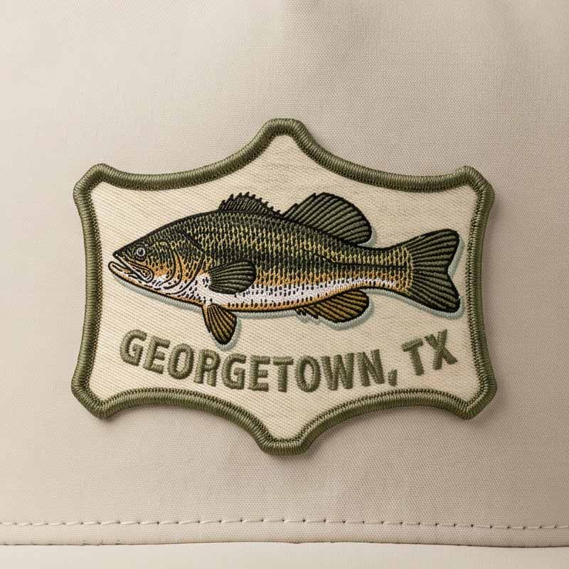 Close up details of Stone Legacy perforated performance hat with UV printed embroidered-look Georgetown, TX largemouth bass patch by Lost Draw Provisions.
