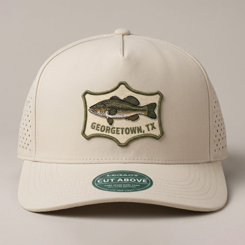 Stone Legacy perforated performance hat with UV printed embroidered-look Georgetown, TX largemouth bass patch by Lost Draw Provisions.