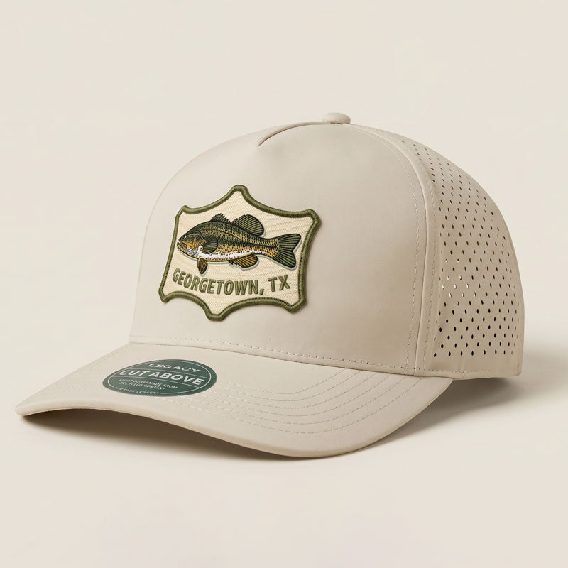 Beige cap with fish emblem and 'Georgetown, TX' text on a beige background