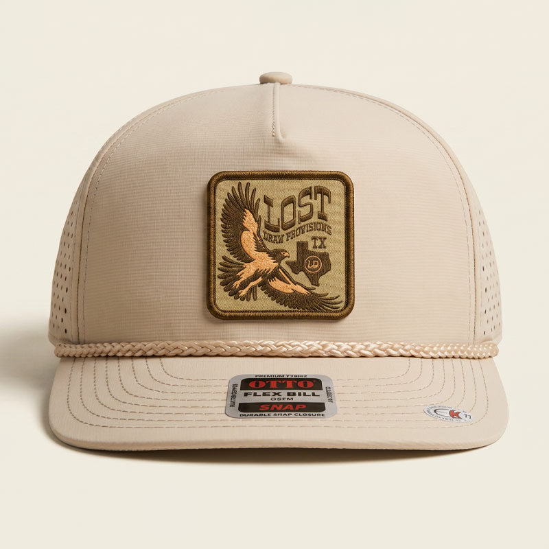 Beige trucker cap with a logo and brand label on a beige background
