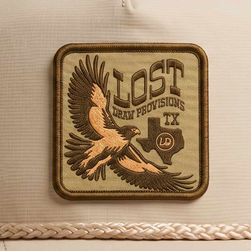 close up details of The Lost Hawk UV printed patch from Lost Draw Provisions 