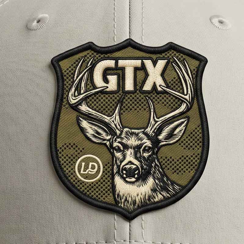 Patch details of Putty and olive Lost Draw Provisions performance hat with UV printed embroidered-look GTX deer crest patch on Imperial performance cap.