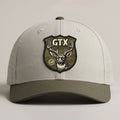 Putty and olive Lost Draw Provisions performance hat with UV printed embroidered-look GTX deer crest patch on Imperial performance cap.