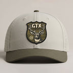 Putty and olive Lost Draw Provisions performance hat with UV printed embroidered-look GTX deer crest patch on Imperial performance cap.