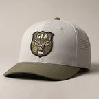 Putty and olive Lost Draw Provisions performance hat with UV printed embroidered-look GTX deer crest patch on Imperial performance cap.