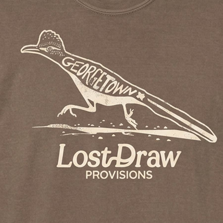 Close-up of roadrunner graphic on Georgetown Texas t-shirt by Lost Draw Provisions