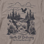 Back of the Pebble Brown North of Ordinary Tee featuring a distressed waterfall and forest graphic with Take the Long Way Home lettering.