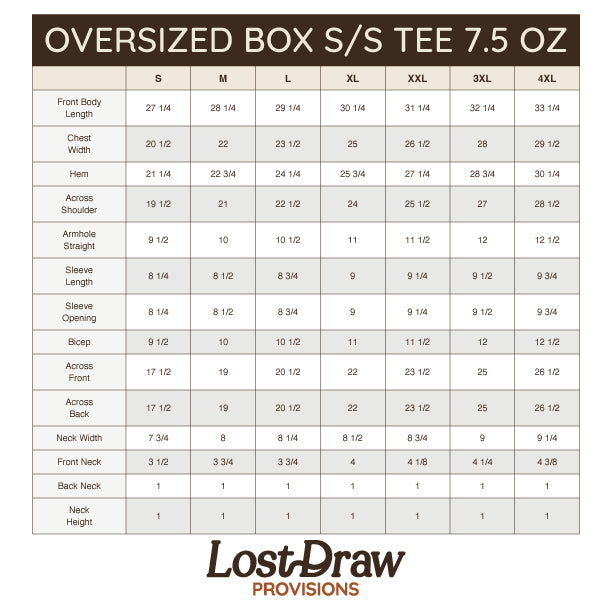 Size chart for oversized box shirts by LostDraw Provisions