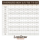 Size chart for oversized box shirts by LostDraw Provisions
