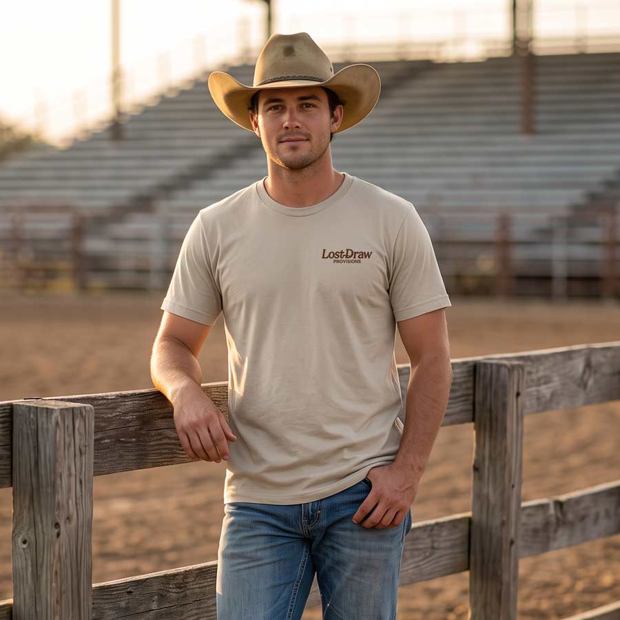 Man wearing the Dark Grey Rattle & Ride Tee at a rodeo arena, showing the small Lost Draw Provisions front chest logo.