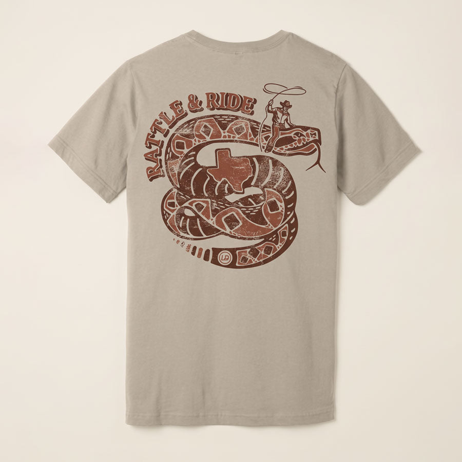 Back of the Dark Grey Rattle & Ride Tee featuring a vintage rust-brown rattlesnake, cowboy with lasso, and Texas graphic.