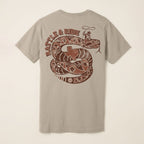 Back of the Dark Grey Rattle & Ride Tee featuring a vintage rust-brown rattlesnake, cowboy with lasso, and Texas graphic.