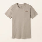 Front of the Rattle & Ride Jersey Tee in Dark Grey with a small rust-brown Lost Draw Provisions logo on the left chest.