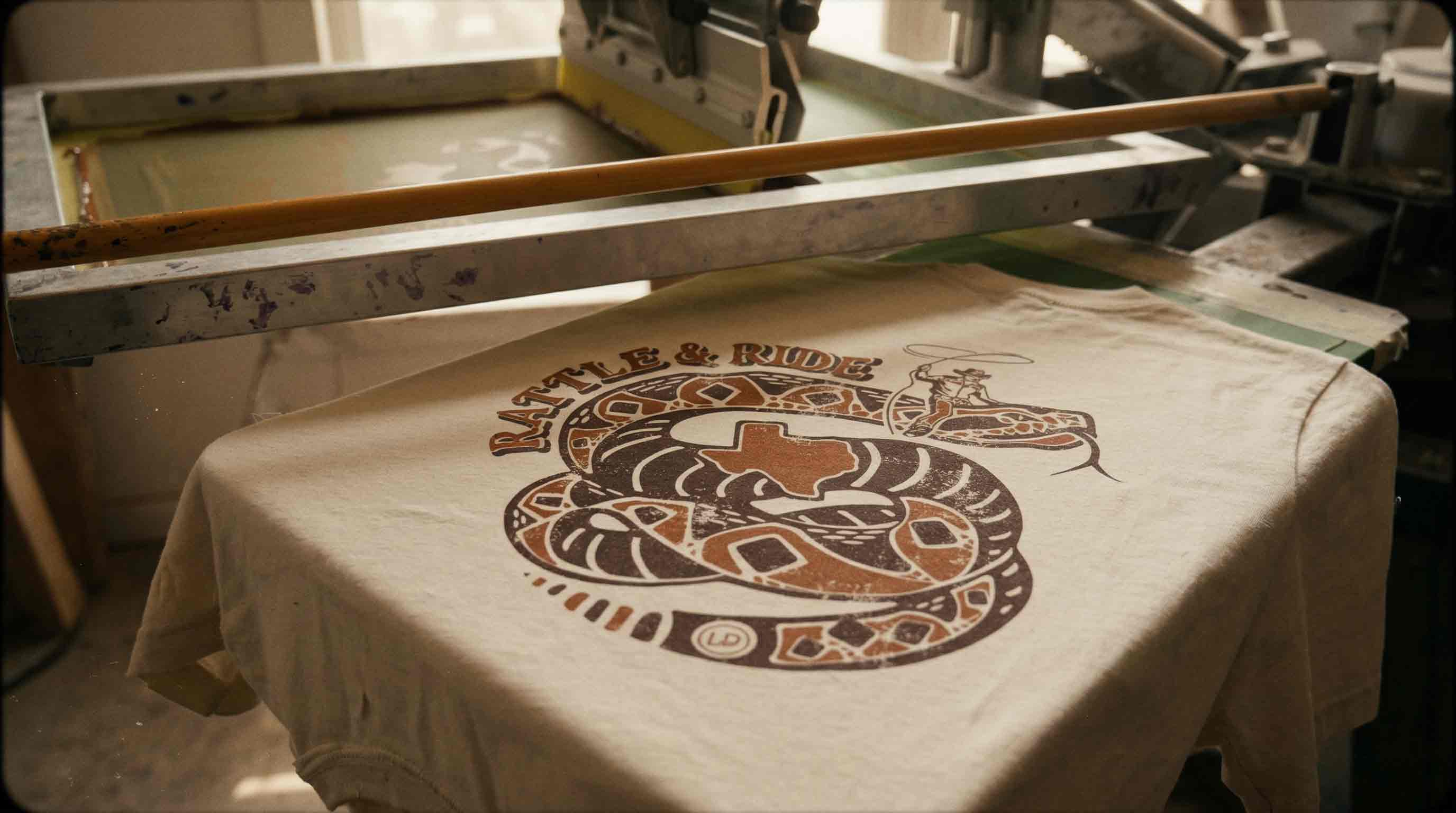 Screen printing press with a t-shirt featuring a snake design on a table.