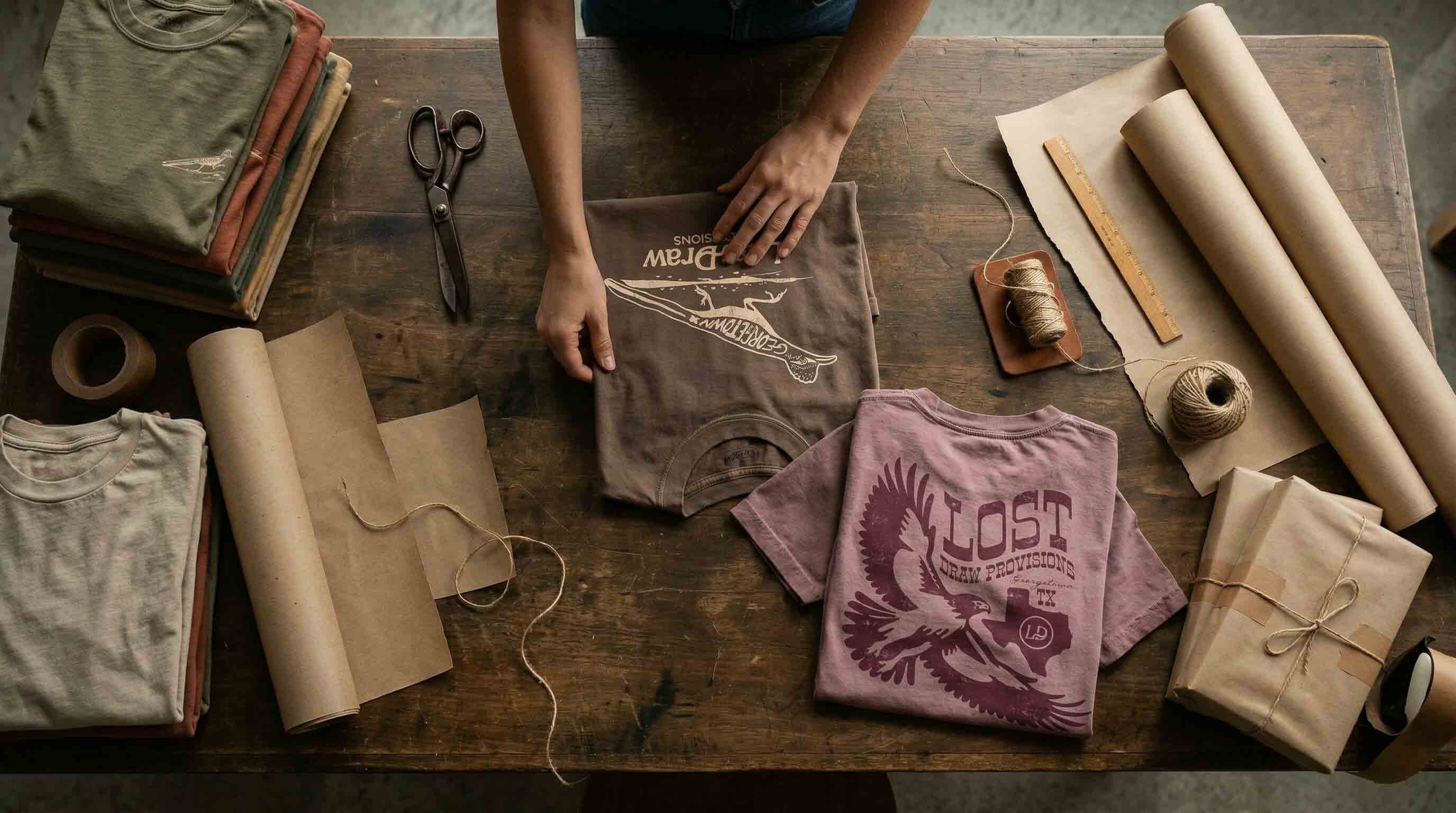 Person arranging t-shirts on a wooden table with fabric and tools.