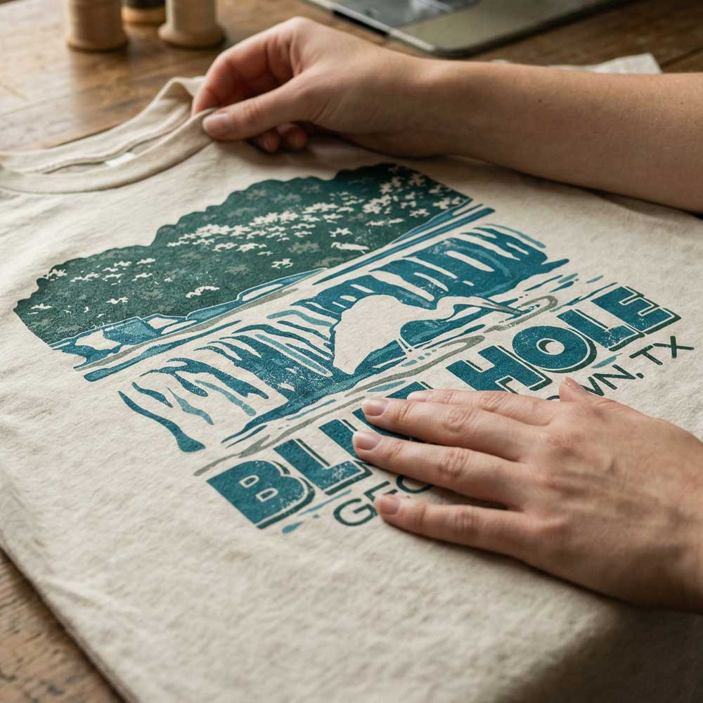 Person holding a t-shirt with a graphic design of a truck and text on a wooden surface.