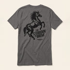 Back of the Asphalt Too Stubborn Tee featuring a distressed black rearing horse and Too Stubborn to Break lettering.