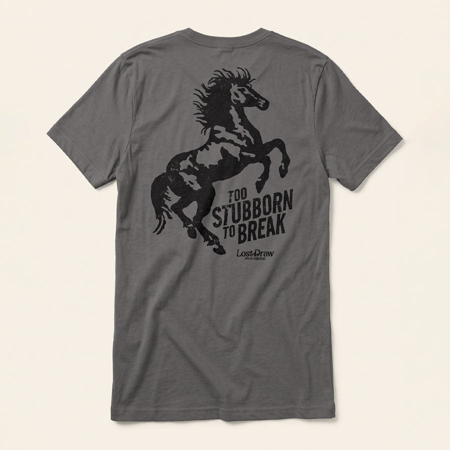 Back of the Asphalt Too Stubborn Tee featuring a distressed black rearing horse and Too Stubborn to Break lettering.