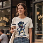 A woman wearing a beige graphic t-shirt with a cartoon cat in a cowboy hat holding a rifle, standing in front of a coffee shop window and holding a takeaway coffee cup.